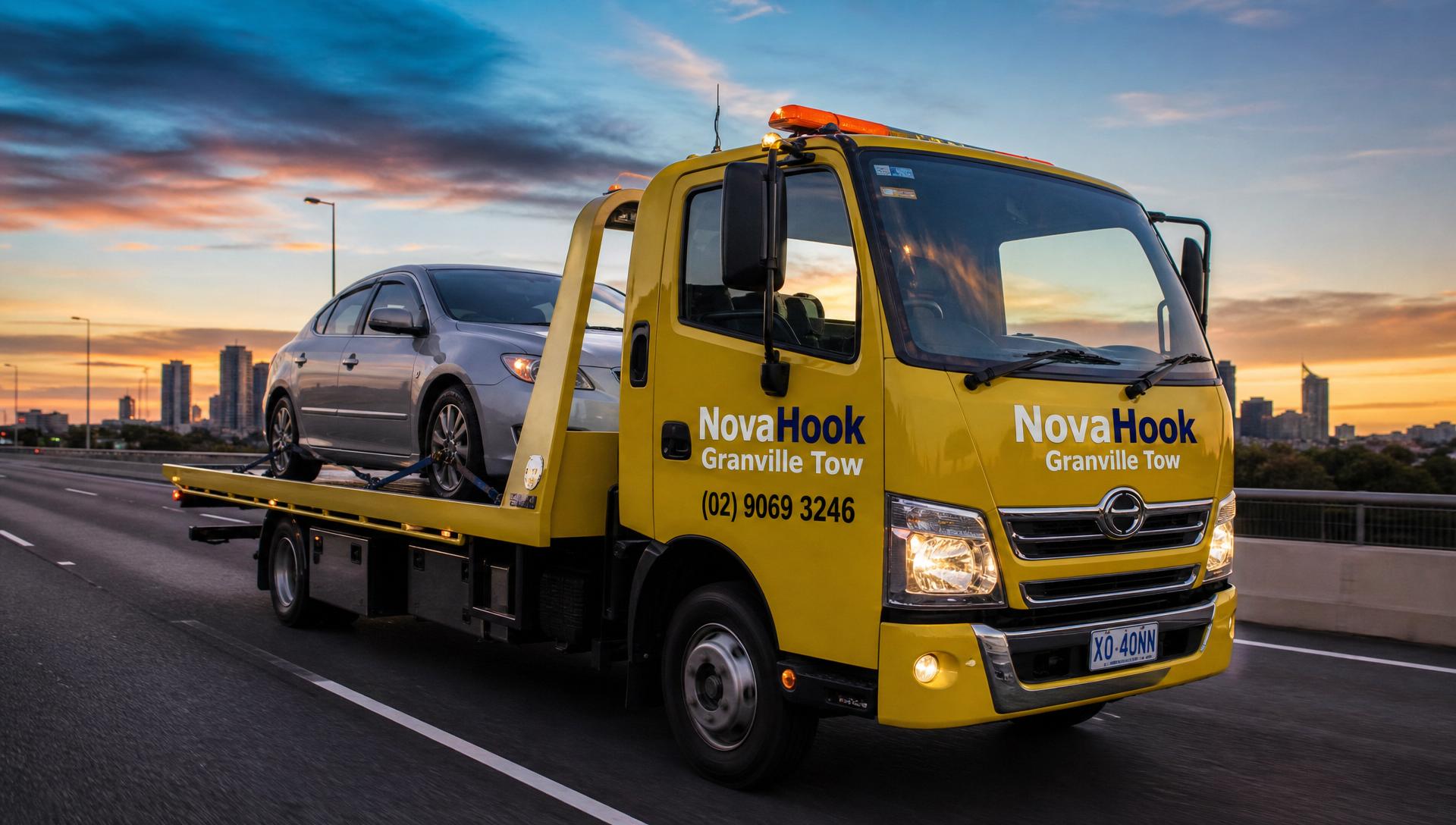 NovaHook Granville Tow flatbed truck carrying a car in Sydney